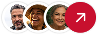 Três pessoas diversas sorrindo, com um ícone de seta para cima em um círculo vermelho