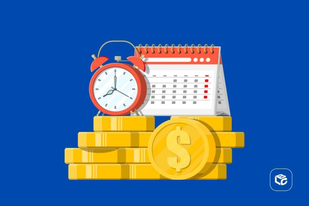 Relógio, calendário e moedas de ouro simbolizando planejamento financeiro e poupança