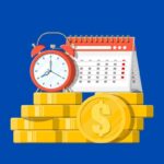 Relógio, calendário e moedas de ouro simbolizando planejamento financeiro e poupança