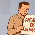 Homem triste segura placa "Precatório em atraso", ilustrando demora do governo.