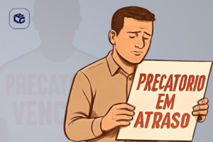 Homem triste segura placa "Precatório em atraso", ilustrando demora do governo.