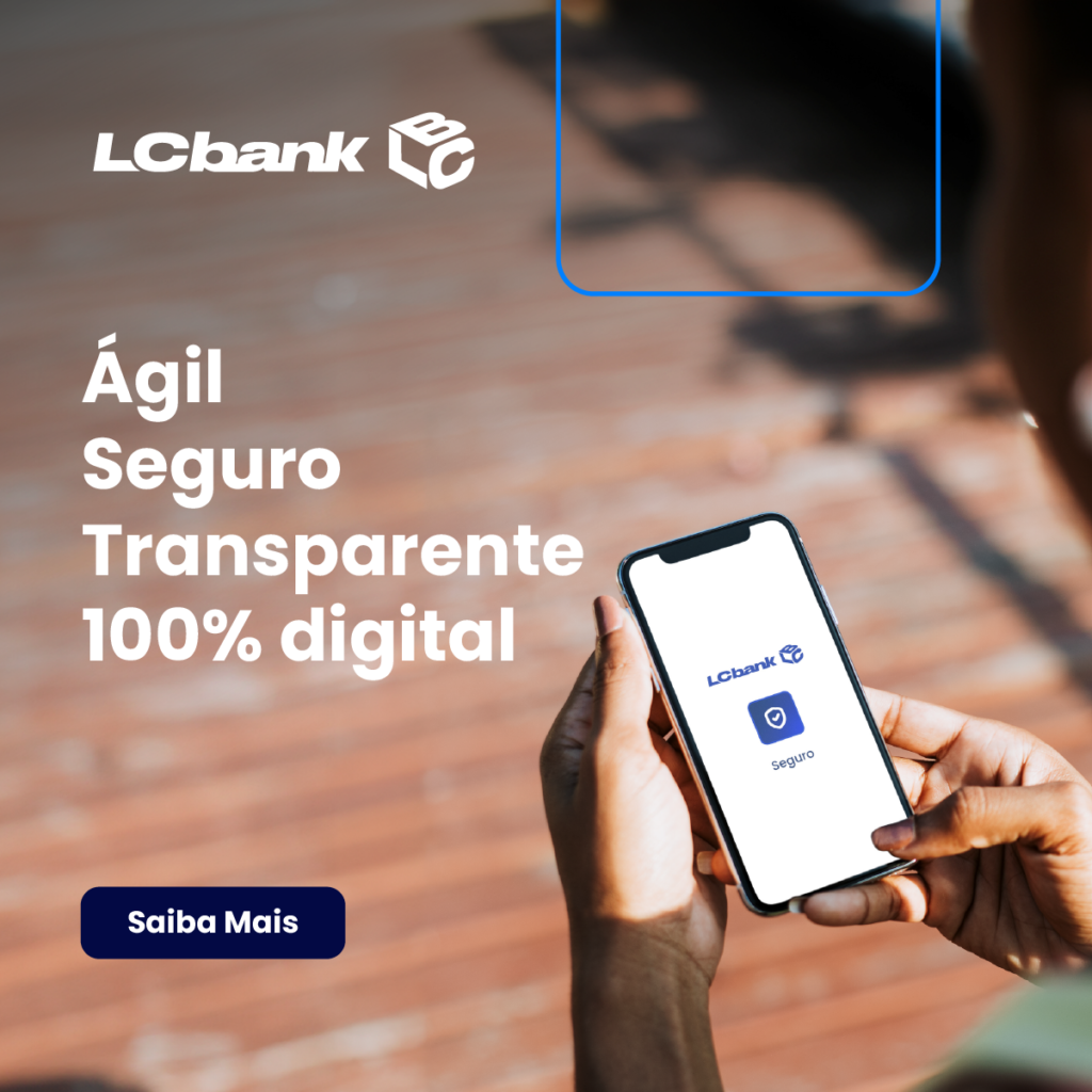 Logo LCbank e texto "Ágil Seguro Transparente 100% digital", com celular na mão