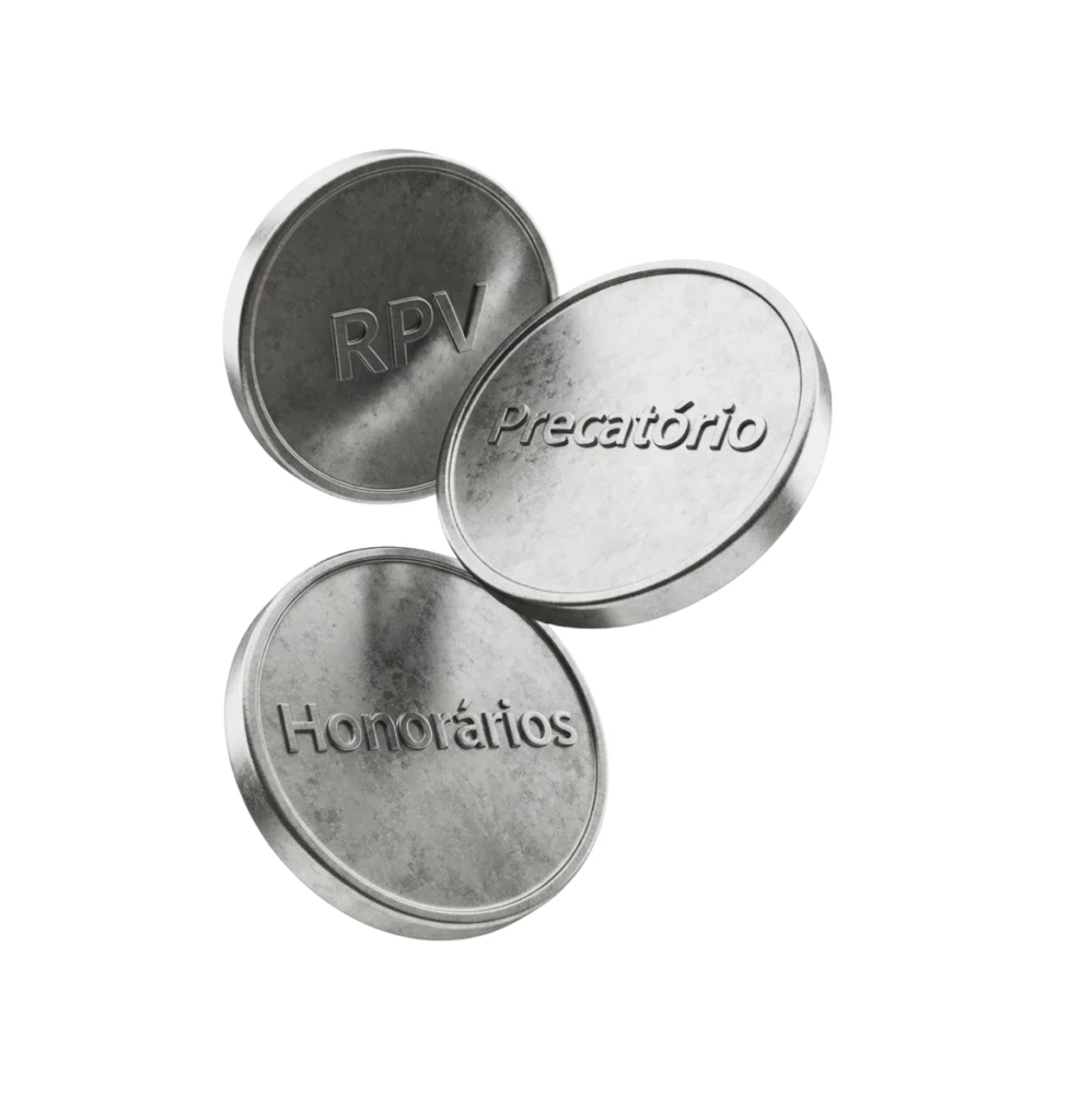 Moedas de precatório, honorários e RPV sobre fundo branco