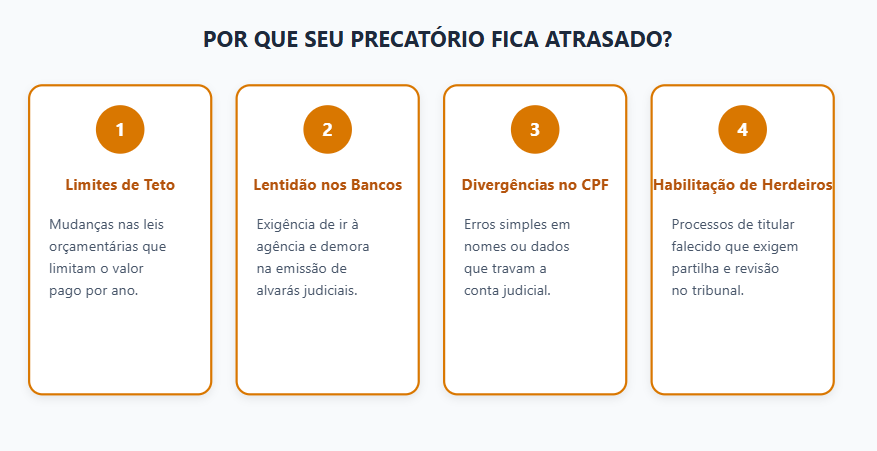 Quatro motivos para precatório atrasado: limites, lentidão, erros e herdeiros.